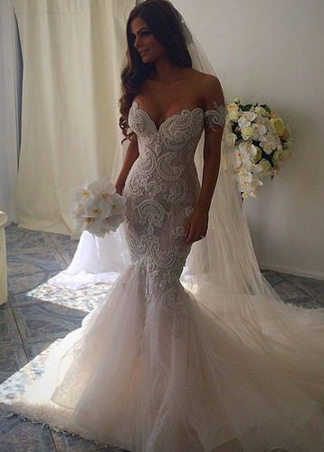 Off-Shoulder Lace Applique Mermaid Wedding Dresses Beaded Sweetheart Sexy Bridal Gowns