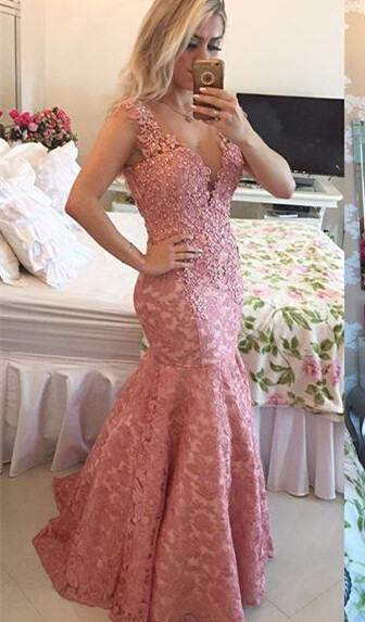 Sexy Deep V-Neck Mermaid Prom Dress Lace Appliques Evening Gowns with Beadings