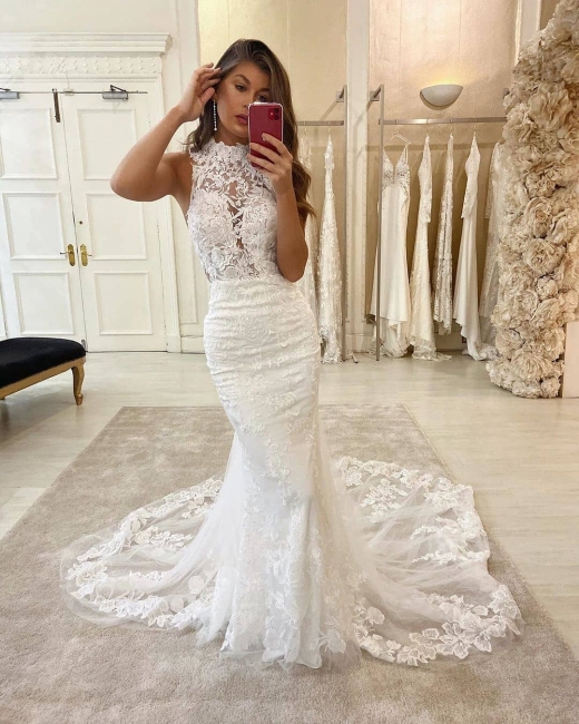 Graceful High Neck Lace Mermaid Fitted Chapel Train Wedding Dresses