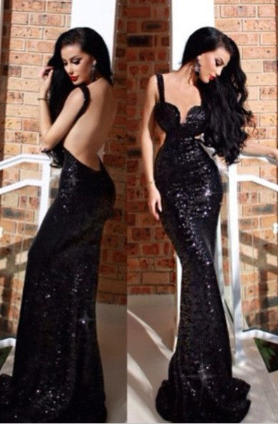 Sexy Black Mermaid Sequined Long Prom Dresses Open Back Evening Gowns
