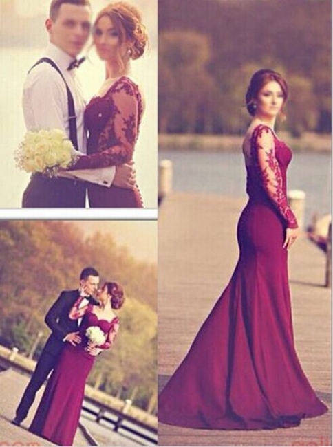 2018 Mermaid Evening Gowns Dark Red Long Sleeves Lace Open Back Long Wedding Party Dresses