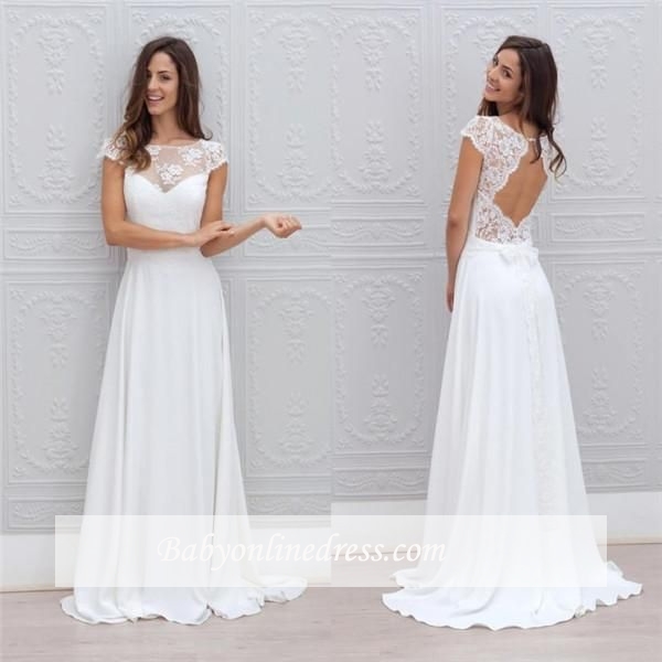 Simple Backless Short-Sleeves Chic A-line Sweep-train White Wedding Dress