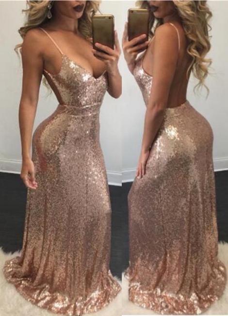 Backless Spaghetti-Strap Sexy Mermaid Sequins Prom Dress