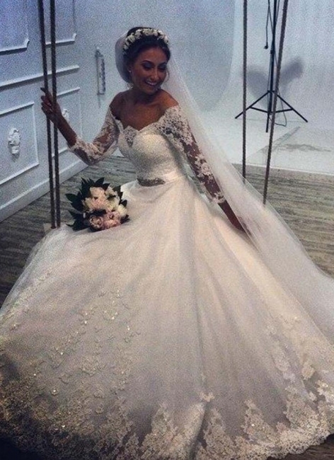 Lace Wedding Dresses 3/4 Long Sleeves Off the Shoulder Beaded Elegant A-line Bridal Gowns