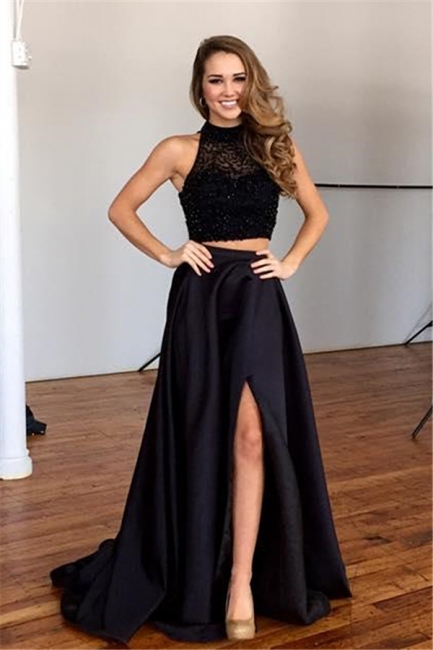 Chic Two-Piece Prom Dresses | Black Beaded A-line Formal Dresses
