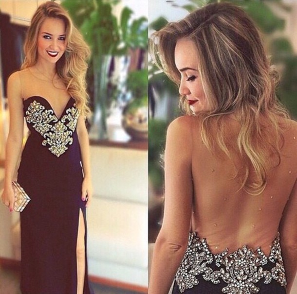 Black Long Prom Dresses Crystals Beaded Open Back Side Slit Sexy Evening Gowns