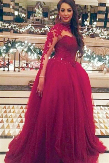 Long Sleeves Prom Dresses Red High Neck Lace Appliques Beaded Long Evening Gowns
