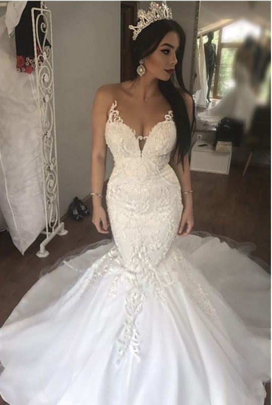 Sexy Lace Mermaid Beach Wedding Dresses | See Through Illusion Back Bridal Dresses