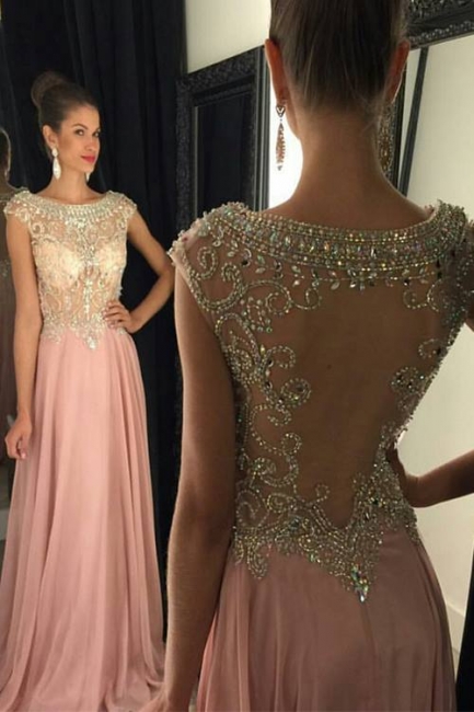 Pink Chiffon Prom Dresses Crystals Beaded Open Back Long Luxury Evening Gowns