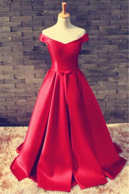 Red Long Prom Dresses Off the Shoulder Lace-up Back with Bow Elegant Evening Gowns