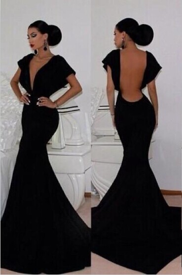 Black Mermaid Prom Dresses Deep V-neck Open Back Sexy Evening Gowns