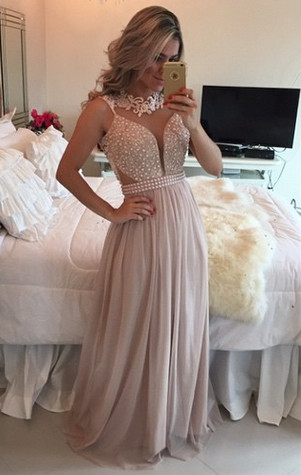 Chiffon Long Prom Dresses Lace Pearls Illusion A-line Formal Evening Gowns