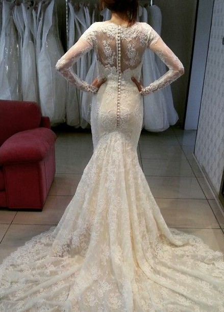 Lace Mermaid Wedding Dresses with Long Sleeves | Scoop Neck Beaded Elegant Bridal Gowns