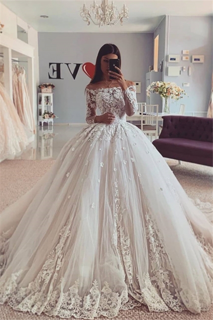 Graceful Long Sleeve Off The Shoulder Applique Floor Length Ball Gown Wedding Dresses