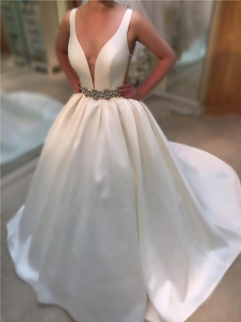 Ball-Gown Deep-V-Neck Sleeveless Simple Beading Open-Back Straps Wedding Dresses