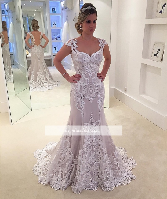 Elegant Cap-sleeve Floor-length Lace Mermaid Wedding Dress