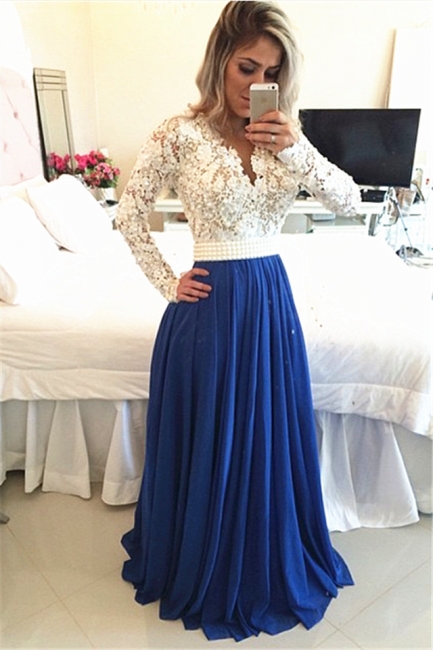 Long Sleeves Lace Pearls Chiffon Prom Dresses V Neck White&Blue Evening Gowns