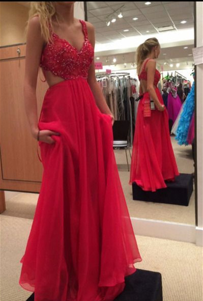 Red A-line Chiffon Prom Dresses Floor Length Party Dress with Sequins