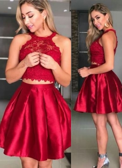 Chic Two Pieces Red Homecoming Dresses | Short Lace A-Line Cocktail Dresses