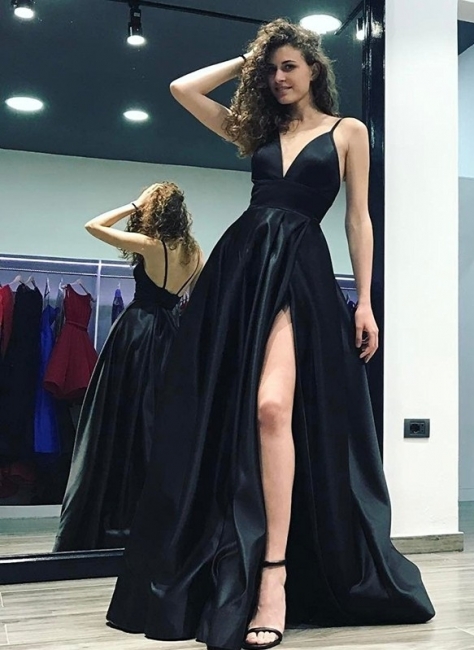 Elegant Black A-Line Prom Dresses | Spaghetti Straps Side-Slit Long Evening Dresses