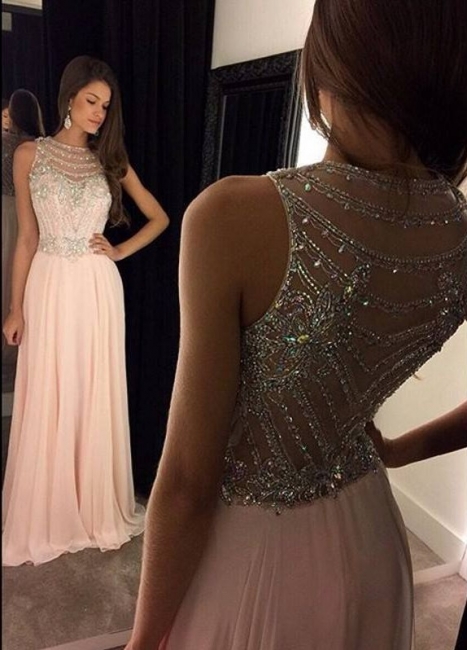 Pink Chiffon Prom Dresses Crystals Beaded Sleeveless Luxury A-line Formal Evening Gowns