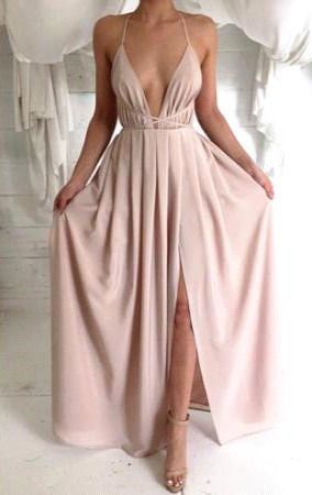 Sexy V-Neck Chiffon Prom Dresses Side Slit Floor Length Evening Gowns