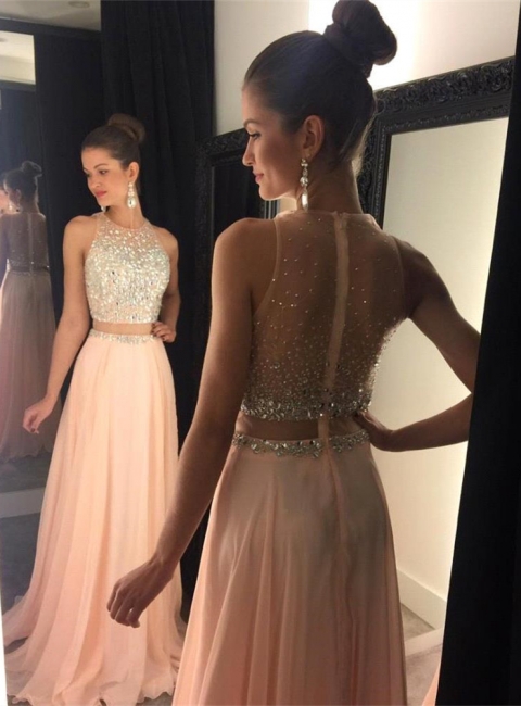 Two-Piece Prom Dresses for Teens Chiffon Beaded Long A-line Sexy Evening Gowns
