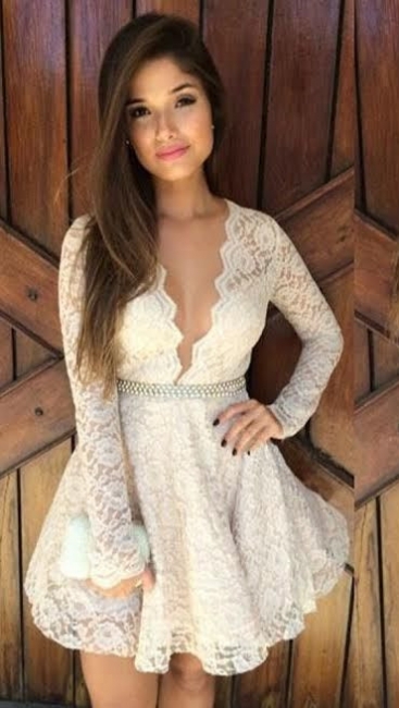 A-Line Deep V-Neck Lace Cocktail Dress Long Sleeve Mini Homecoming Dresses with Beadings