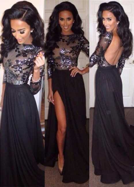 Sequins Long Sleeves Backless Prom Dresses Long Black High Side Slit Sexy Evening Gowns