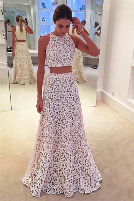 2018 White Simple Two-Pieces Sleeveless Lace A-line Prom Dress