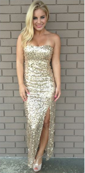 Strapless Sequined Sexy Evening Dresses Side Slit Ankle-Length Prom Gowns