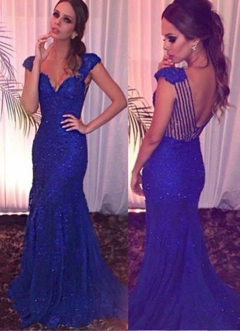 Sexy Royal-Blue Sheath Sweetheart Prom Dress Lace Sweep-train Evening Gowns