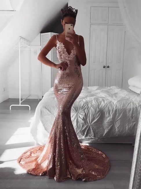 Shiny Sequins Mermaid Prom Dresses | Sexy Spaghetti Straps Lace Open Back Evening Dresses