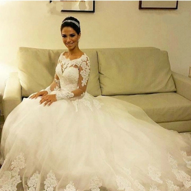 Lace Scoop Neck Sheer Long Sleeves Gorgeous Ball Gown Wedding Dresses