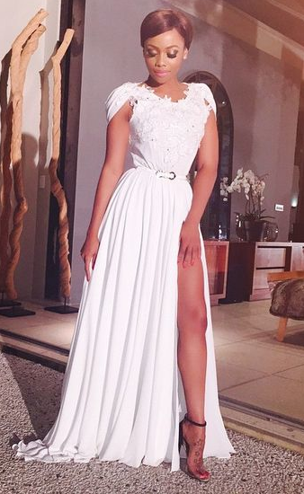 A-Line White Chiffon Long Evening Dresses Applique Side Slit Beautiful Cheap Dress with Belt