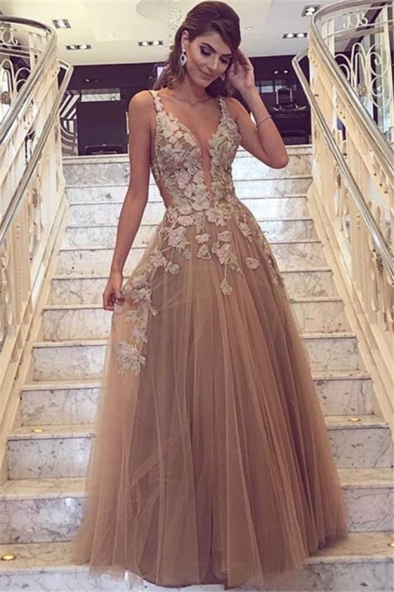Chic Champagne Tulle Prom Dresses | Straps Lace Appliques Evening Gowns