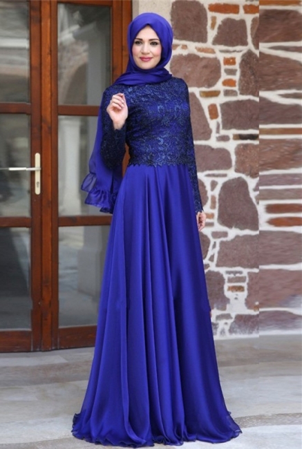 2018 Long Sleeves Evening Gowns Muslim Arabic Chiffon Formal Long Party Dresses