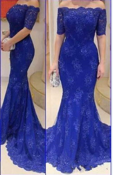 Lace Mermaid Royal Blue Prom Dresses Off-Shoulder Short Sleeves Court Train Evening Gowns