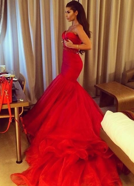Red Long Prom Dresses Sweetheart Neck Romantic Layers Skirt Gorgeous Mermaid Wedding Dresses