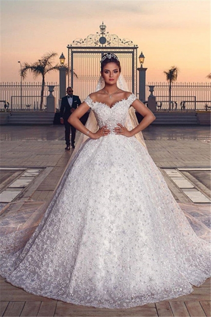 Off the Shoulder Sweetheart Ball Gown Exquisite Lace Wedding Dresses