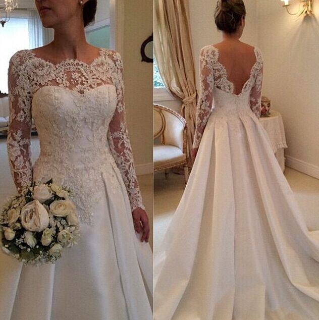 Lace Long Sleeves Beach Wedding Dresses Beading Satin Open Back Court Train Bridal Gowns