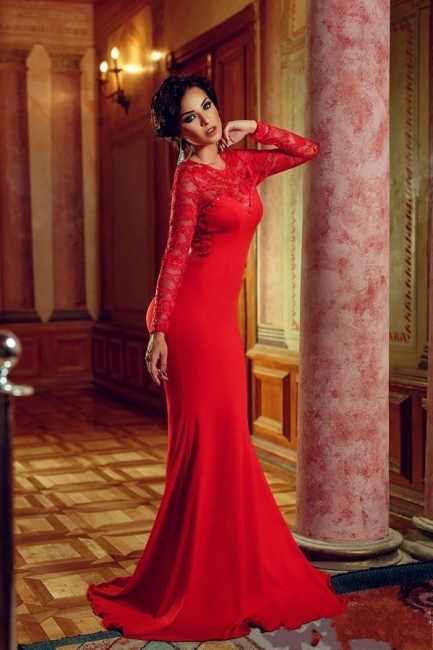 Red Mermaid Lace Prom Dresses Long Sleeves Open Back Court Train Formal Evening Gowns