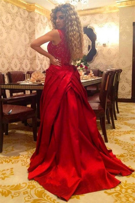 Sexy Red Lace Evening Gowns with Removable Train Long Party Arabic Pageant Dresses