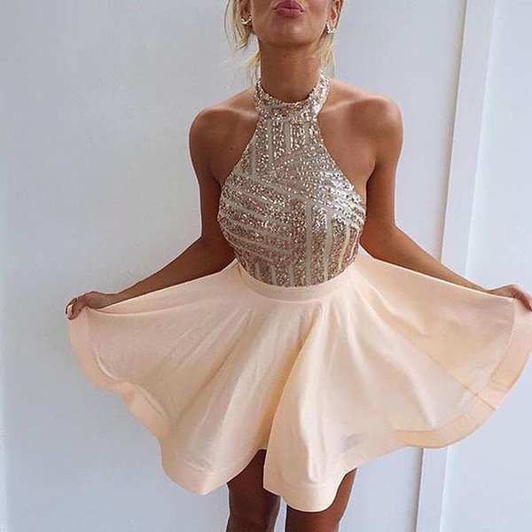 Short Homecoming Dresses Halter Neck Sequins Top Sexy Cocktail Dresses