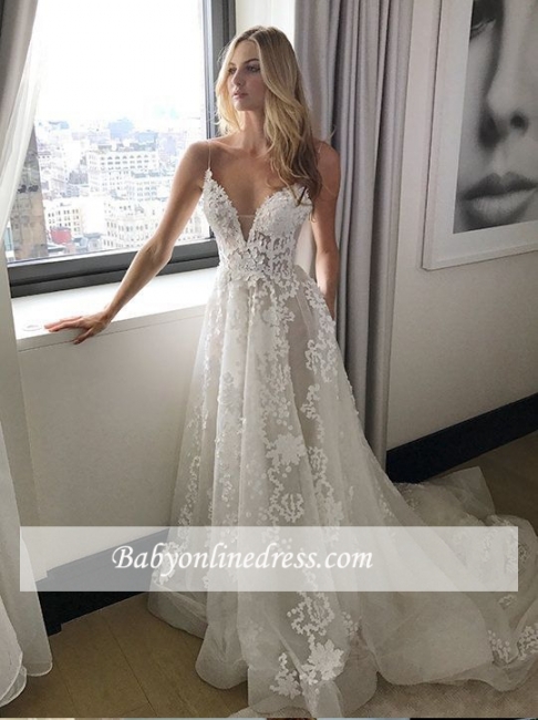 Elegant Spaghetti Tulle Lace-Applique Straps A-line Wedding Dresses