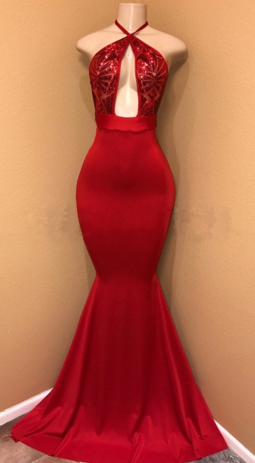 Sexy Red Sequin Prom Dresses | Halter Keyhole Neck Mermaid Evening Gowns