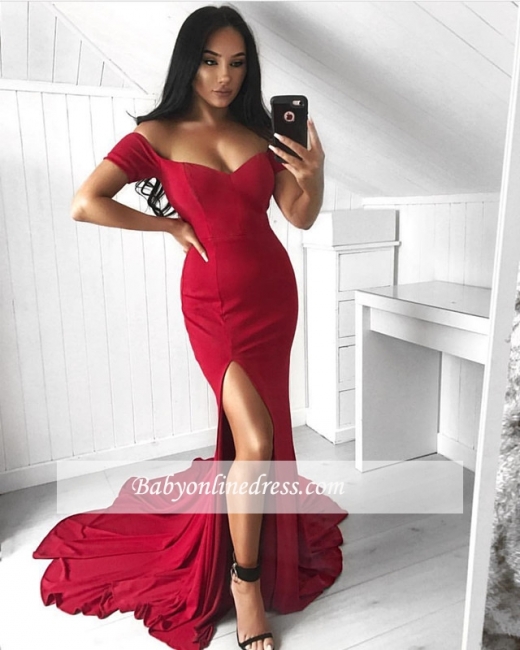 Red Off-the-Shoulder Prom Dresses | Sexy Split Evening Gowns