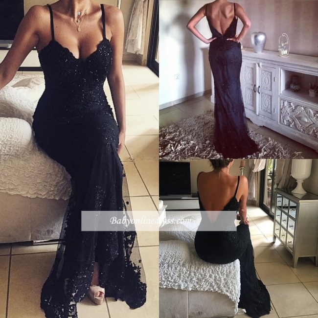 Alluring Black Spaghetti Straps Open-Back Appliques Prom Dress with Beadings