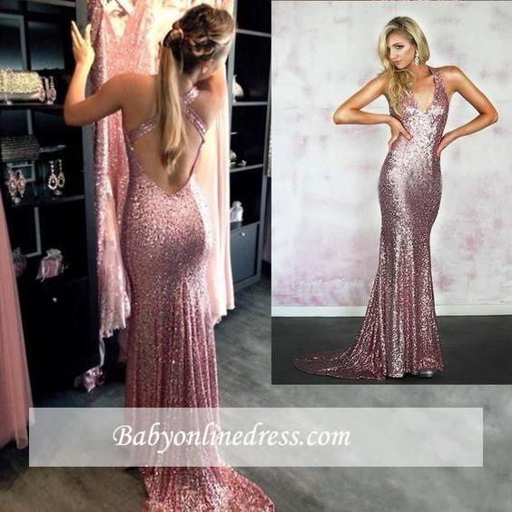 Mermaid Rose-Pink Sequins Sexy Criss-Cross-Back Prom Dresses