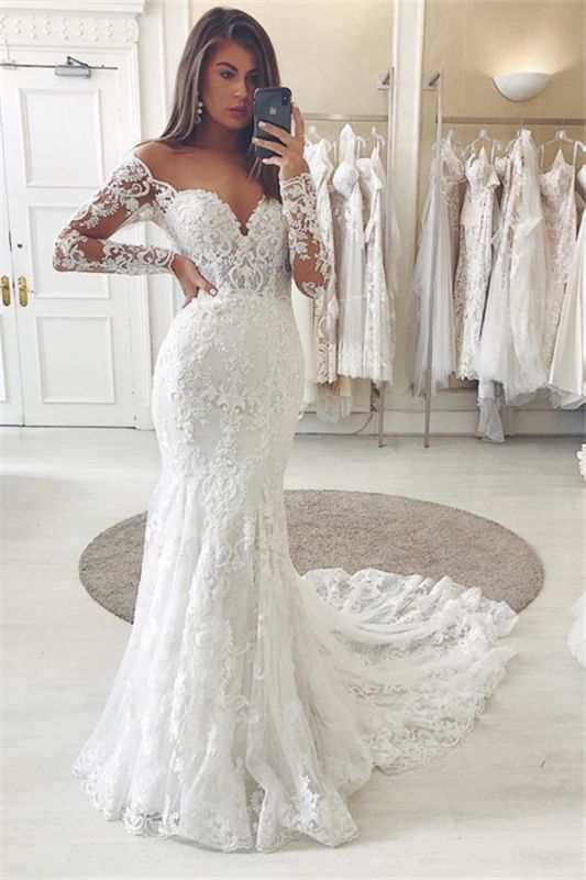 Fitted Lace Wedding Dresses Cheap | Sweetheart Bridal Gowns with Sleeves